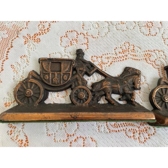 Vintage 1950s Cast Iron Copper Finish Stagecoach Bookends - Picture 3 of 9
